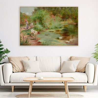 Feeding the Ducks 1 Piece Canvas Painting Classical Wall Art Print Poster Mural