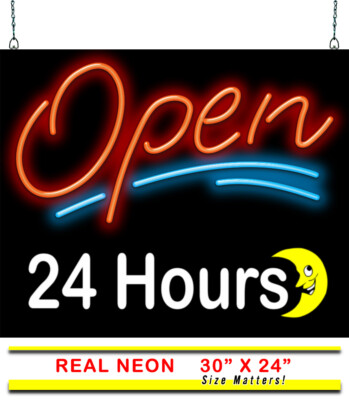 Open 24 Hours With Moon Neon Sign  Jantec  30'' x 24''  Convenience Store Diner