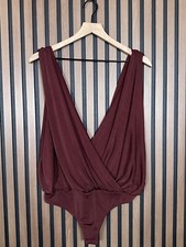 Free People Bodysuit Large Burgundy Ruched Faux Wrap Mesh Thong Blouse Intimate