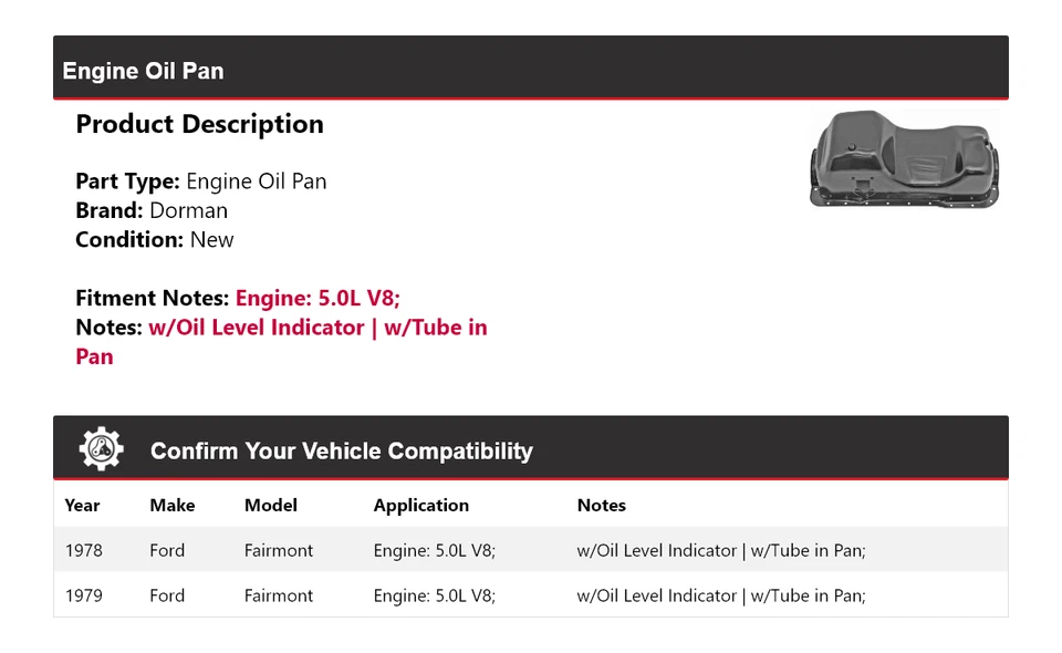 Para Ford Fairmont 1978-1979 5,0 L V8 Dorman cárter de aceite del motor Foto 2 de 4