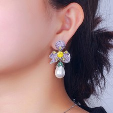 Purple Flower Long Pearl Drop Earrings Silver Plated Cubic Zirconia Lady Jewelry