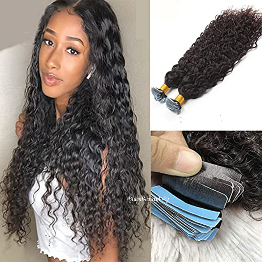 Curly Tape in Human Hair Extension Water Wave Brazilian Tape  display picture 2