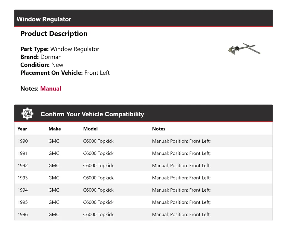 For 1990-1996 GMC C6000 Topkick Dorman Window Regulator Front Left 1991 1992 - Image 2 of 4