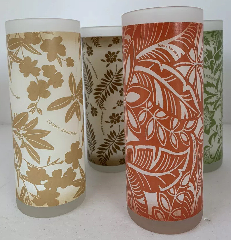 Set 4 Tommy Bahama Highboy Drinking Glasses Tropical Coral Mustard
