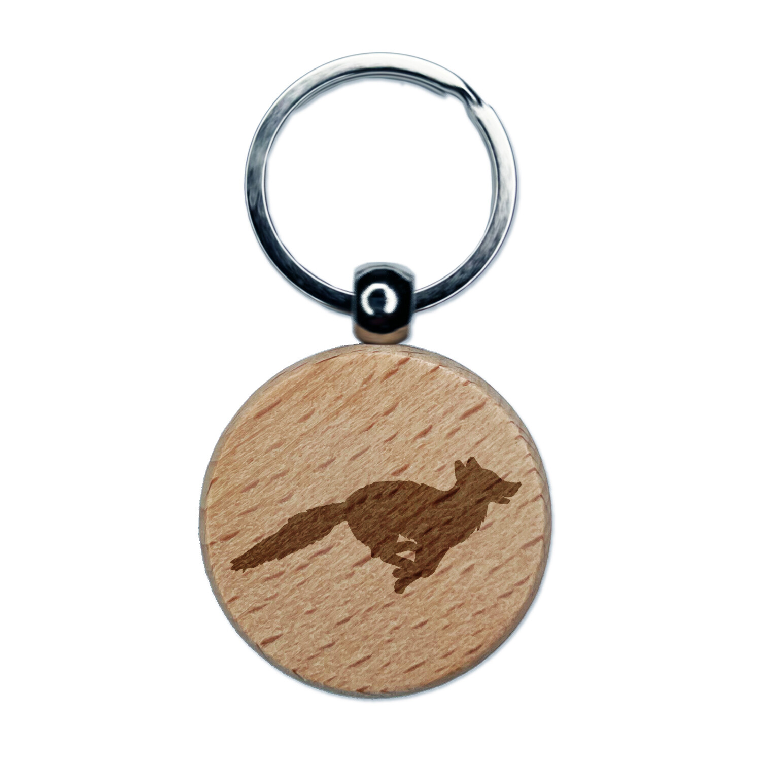 Fox Running Solid Engraved Wood Round Keychain Tag Charm