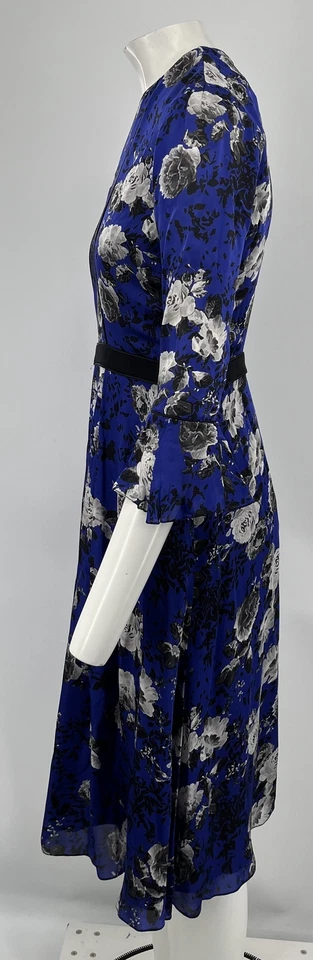 Vestido midi Prabal Gurung azul seda manga 3/4 negro/blanco estampado floral talla 8 Foto 2 de 4