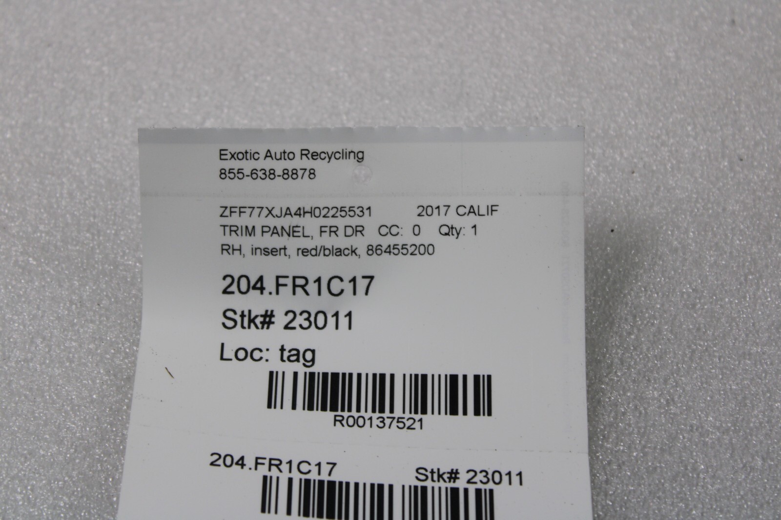 Ferrari California, RH, Right, Center Door Insert Panel, Red, Used, P/N 86455200
