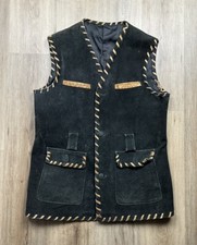Handmade Men  s Black Leather Vintage Rockabilly Contrast Trim Western Vest