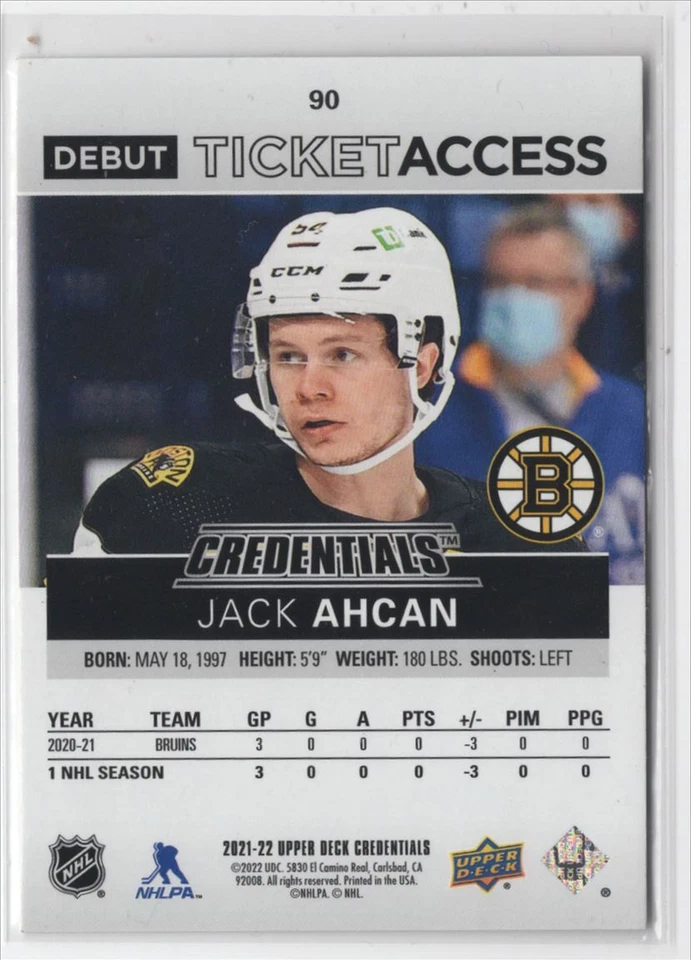 2021-22 Upper Deck Credentials Jack Ahcan Rookie 085/999 Boston Bruins #90 - Image 2 of 2
