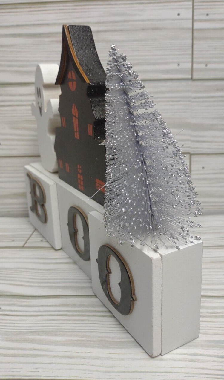 Ghost Boo Halloween Village Decor Wood Haunted House Tinsel Tree ...