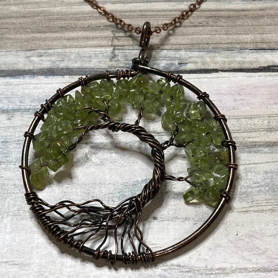 Древо жизни подвеска перидот сколы полудрагоценное ожерелье 18» медная цепочка - Изображение 2 из 4