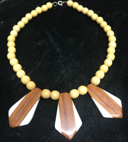 Vintage 1980’s Estate Costume Jewelry Wood Inlay Bib Necklace