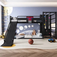 Twin Loft Bed w/ Slide Basketball Hoop Climbing Wall Bookshelves Kids Play Zone