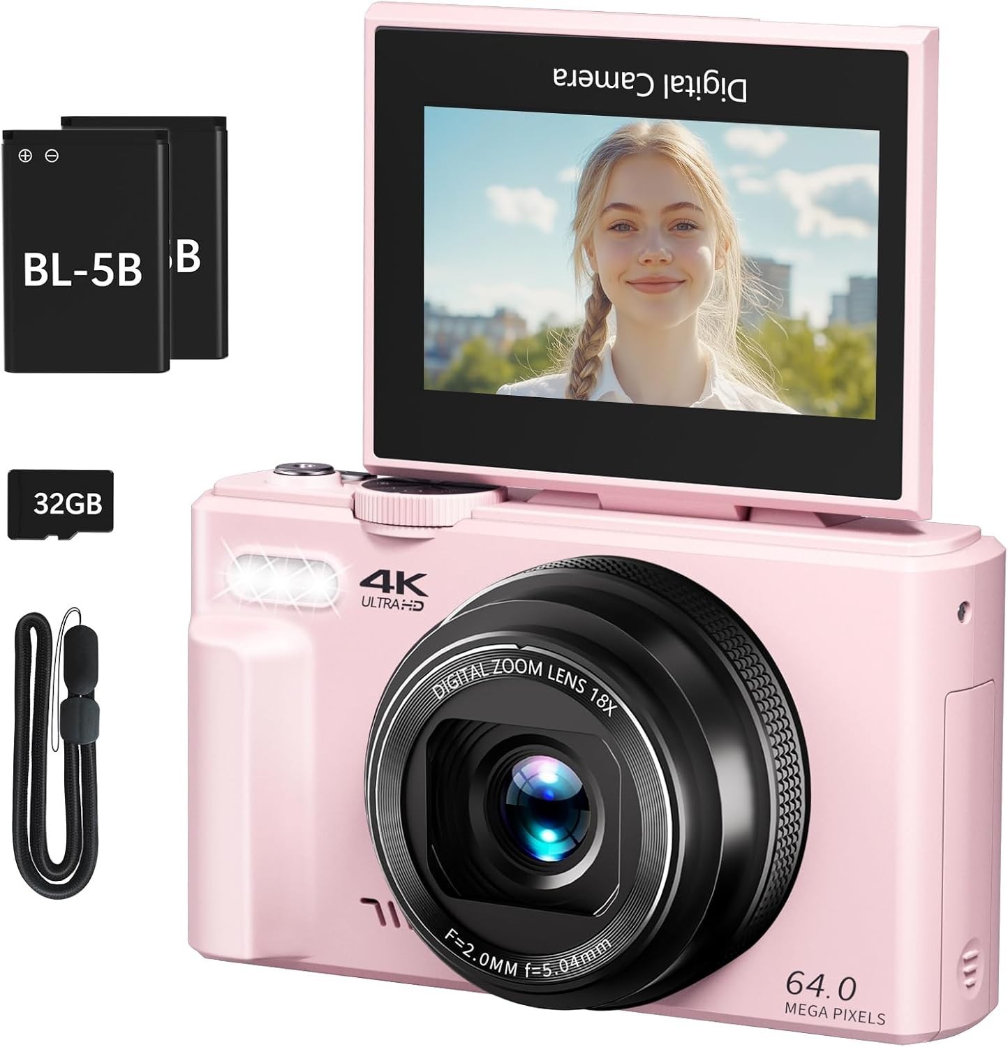 4K Digital Camera for Photography, 64 MP Vlogging Camera for Youtube -pink-
