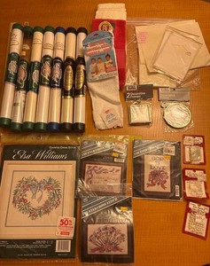 Lot Grandma's Cross Stitch Fabric Kits Towels Bib ++more