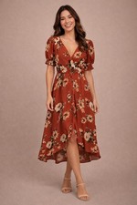 Boho Rust Floral Midi Dress Size Small Puff Sleeve Fall Dress