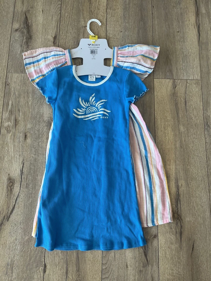 ROXY Brand Youth Girls Dress Set Size S 7/8 Pink Stripe & Blue Popover Tee - Image 4 of 4