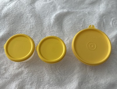 3 TUPPERWARE Snack Cups (2) 1229 & (1) 1286 White Bowls W Yellow Lids New!