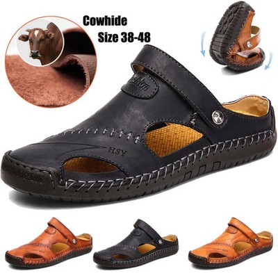 Mens Casual Leather Sandals Summer Closed Toe Fisherman Beach Slippers Size