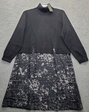 DG2 By Diane Gilman Sweater Dress Women 1X Gray Black Floral Knitted Turtle Neck