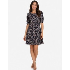 Tommy Hilfiger Womens Floral Puff Sleeve Shift Dress 10 Cottagecore Navy Blue