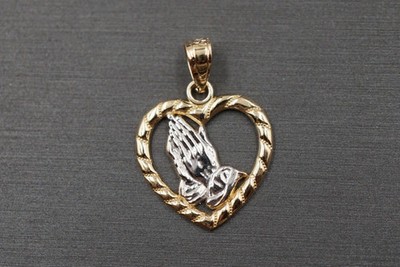 Kleiner winziger 14K zweifarbiger Gold 0,8'' betende Hände mit Herz Charm Anhänger