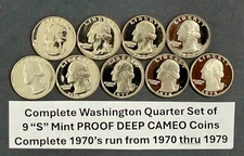 1970-1979 S Complete Set Washington Quarters Gem Proof Run 9 Coins US Mint 1970s
