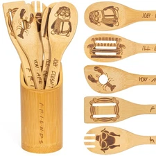 Friends Wooden Spoons for Cooking, 6 Piece Kitchen Utensils Set with Holder, ...