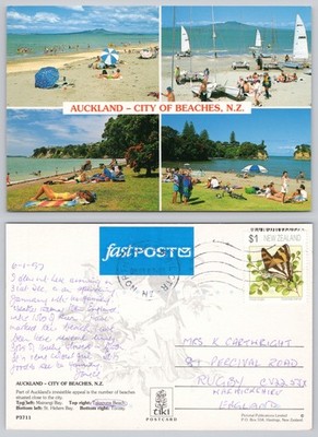 c36839 Stadt der Strände Auckland Neuseeland Postkarte 1997 Schmetterling Stempel