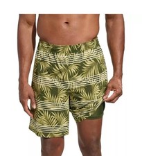 Kirkland Signature Men's Stretch Swim Shorts w/ Liner, Green Palm Stripe, XL