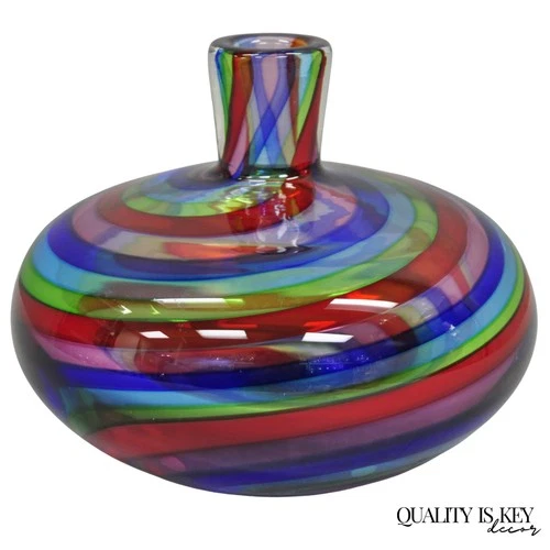 Vintage Mid Century Modern Italian Murano Style Rainbow Swirl Glass Vase