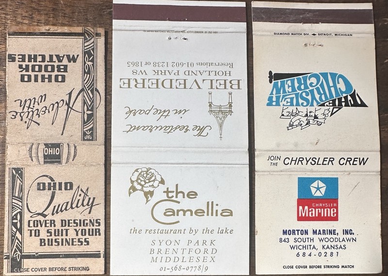 Matchbook 6-pack Potluck FRANCE/UK Stockton Ca, 400 Club Ginger Ale, Chrysler
