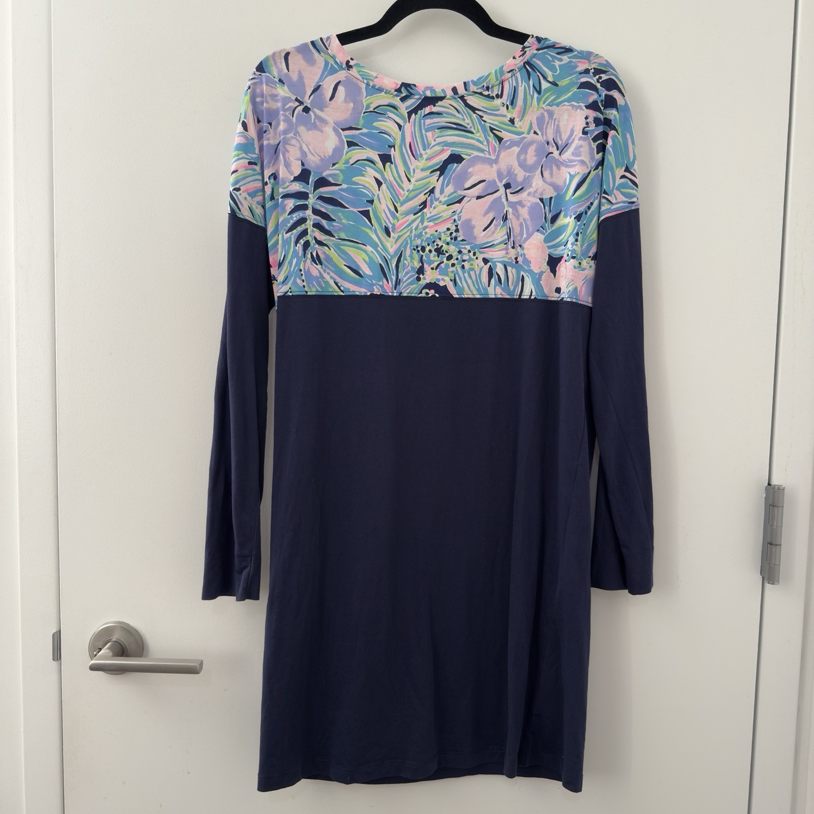 Lilly Pulitzer Finn T-Shirt Dress Bermudaful Long Sleeve Size Small S Navy Blue