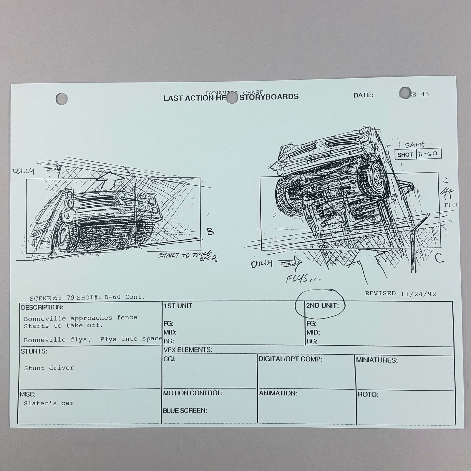 Last Action Hero Storyboard Slater's Bonneville Jumps Fence Production Used, COA
