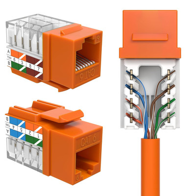 100 Pack Cat6 RJ45 Keystone Jacks, 10Gbps, Slim Profile, Orange, 45 Degree