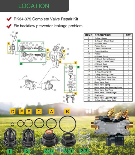 RK34-375 Complete Backflow Preventer Repair Kit Fits Zurn Wilkins 375 1/2" 3/4" - Picture 5 of 10