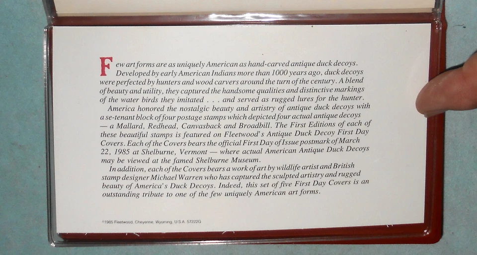 1985 FIRST DAY OF ISSUE STAMP COLLECTION by FLEETWOOD of 5 ANTIQUE DUCK DECOYS - Image 3 of 4