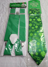 New Sealed St Patrick's Day Green Shamrock Tie and Suspenders Novelty Amscan