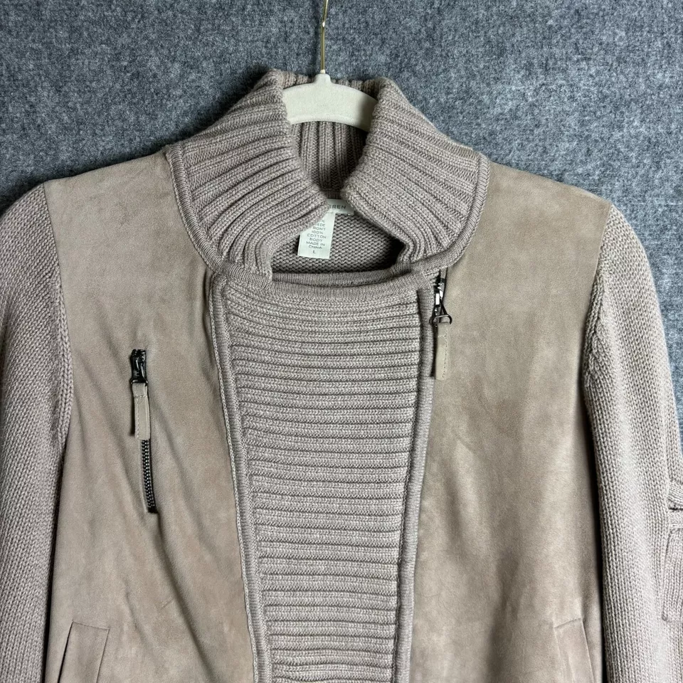 White + Warren Jacket Womens Large Beige Suede Front Knit Asymmetric Zip Pockets - Image 2 of 4