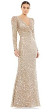 Mac Duggal Size: 16 Puff Shoulder Sequined Surplice Dress Gown Gold 5510 Formal