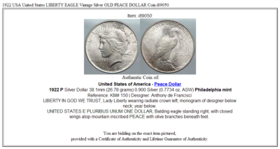 1922 USA United States LIBERTY EAGLE Vintage Silver OLD PEACE