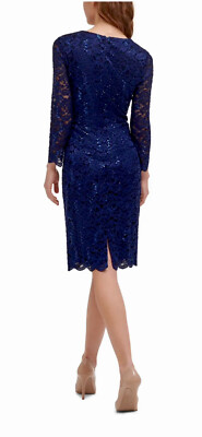 Jessica Howard Womens Navy Stretch Sequined Zippered Scalloped Neck Cuffs and Hem Long Sleeve Surplice Neckline Knee Length Evening Sheath Dress 12 Jessica Howard Womens Navy Stretch Sequined Zippered Scalloped Neck Cuffs and Hem Long Sleeve Surplice Neckline Knee Length Evening Sheath Dress 12