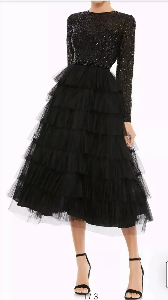 Mac Duggal Sequined Long Sleeve Tiered Tulle Black Midi Cocktail dress Size  8 | eBay