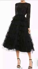 Mac Duggal Sequined Long Sleeve Tiered Tulle Black Midi Cocktail dress Size 8