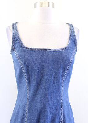 Vtg 2000s Y2k Denim Jean Ruffle Flounce Hem Sleeveless Dress Size 0 Square  Neck | eBay