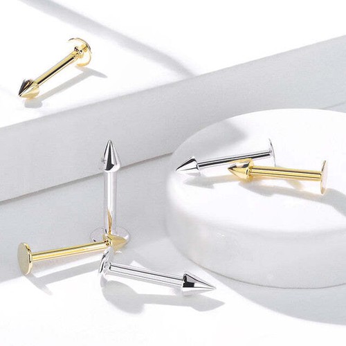 14 Karat Solid Gold Labret / Monroe 16 or 14 Gauge Spike Top Stud - Picture 3 of 9