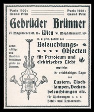 Alte Reklame Werbung 1900 Beleuchtungs-Objekte Lampen Gerüder Brünner Wien 