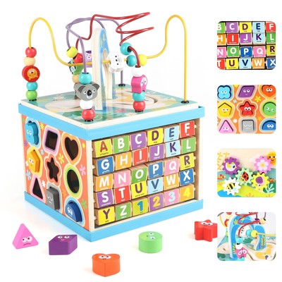 Qilay Wooden Activity Cube for Toddlers 3, 5 in 1 Multipurpose ABC-123 Abacus...