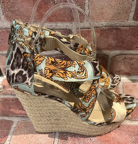 INC INTERNATIONAL CONCEPTS AQUA & GOLD SATIN "PINEAPPLE" HIGH HEEL WEDGES 7.5M - Picture 2 of 8