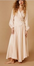 Nasty Gal Size 10 Champagne Silky Maxi Dress Fit & Flare Wrap Cowl Long Sleeves